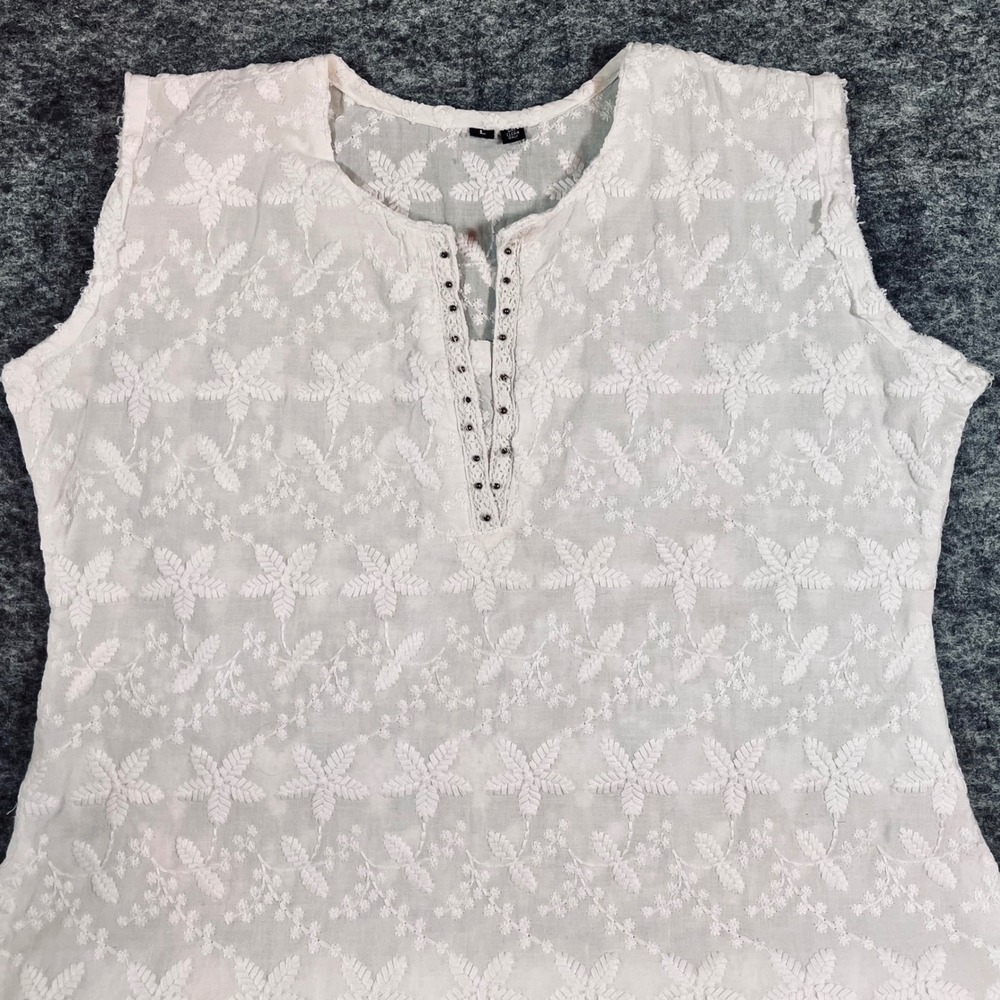 Embroidered Floral Tunic Dress Women L White Sleeveless Beachwear Resortwear - Picture 2 of 13